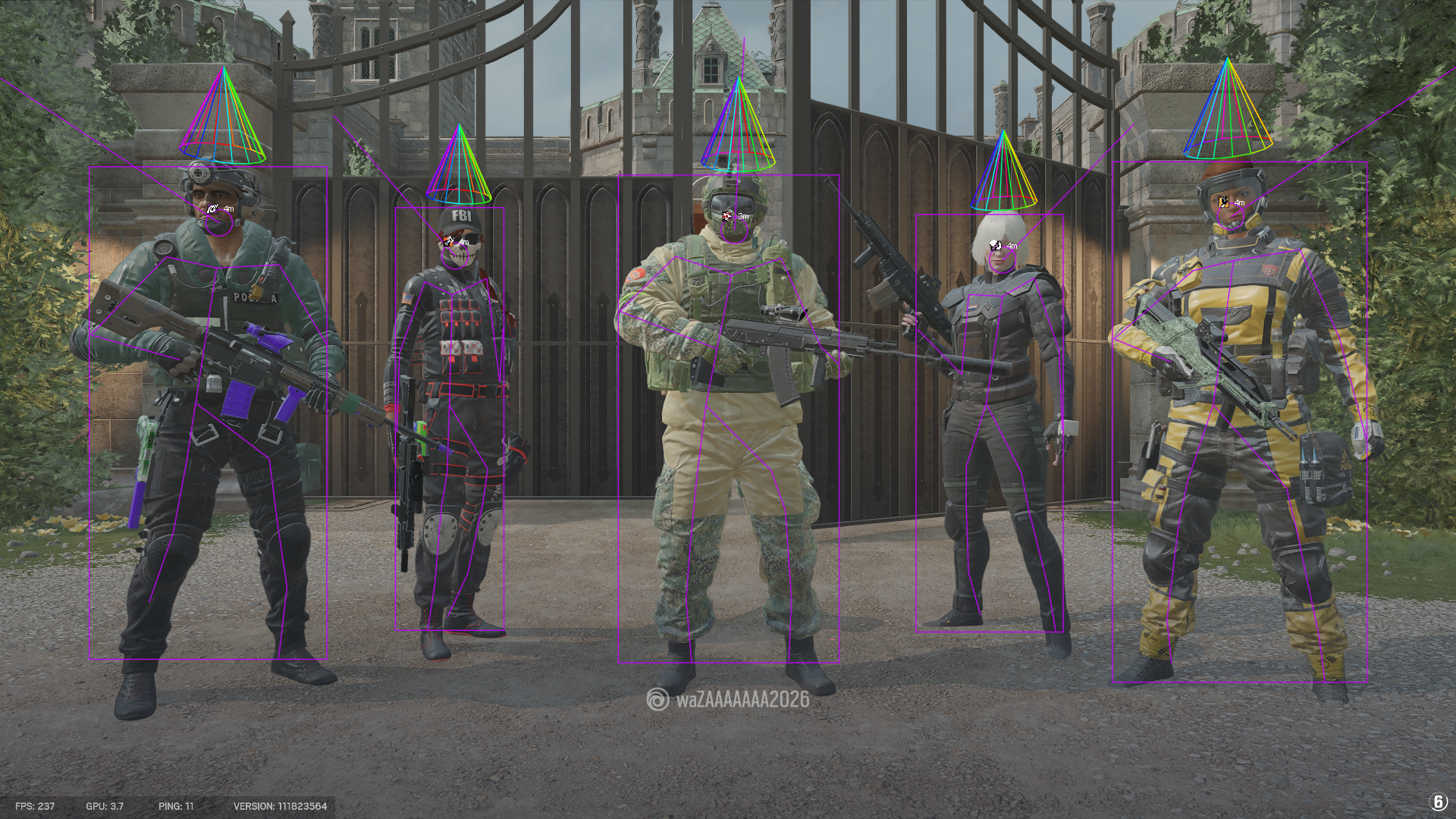 RageByte Rainbow Six Siege ESP with skeletons, bounding boxes, head cones and distance indicators on operators