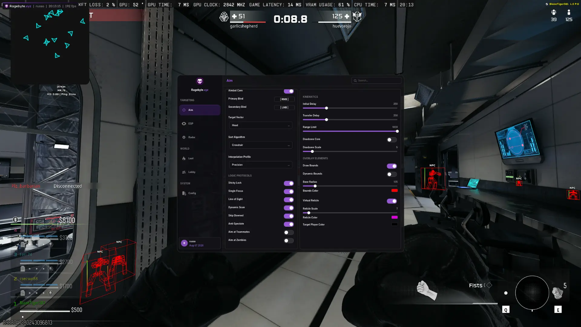 RageByte Call of Duty aimbot menu with kinematics settings, radar and NPC ESP boxes