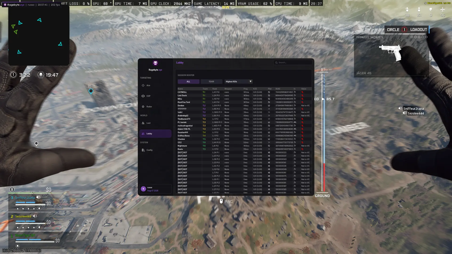 RageByte Call of Duty lobby session roster showing ping, platform and voice chat status