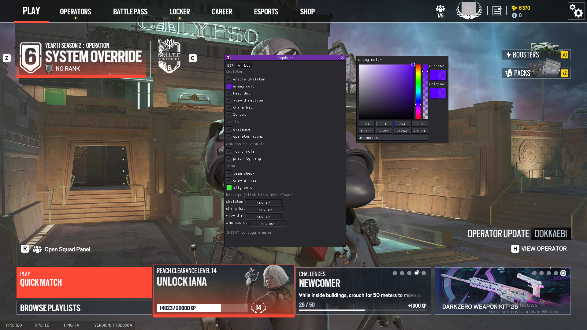 RageByte Rainbow Six Siege in-game ESP menu with skeleton, labels and team options